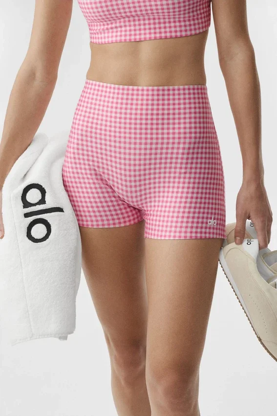 3" High-Waist Airlift Gingham eleganta shorts – Paradise Pink Gingham
