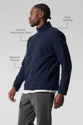 Conquer Max Mock Neck Full Zip – marinblå
