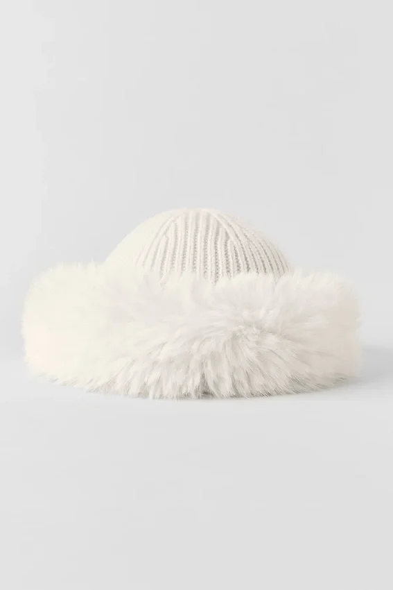 Courchevel kashmir-mössa med fuskpäls – Ivory