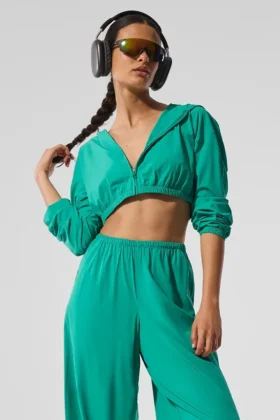 Cropped Breezy Full-Zip Huvtröja – Spruce Green