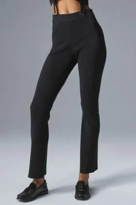 Denimstickade High-Waist-byxor med utsvängda ben – svart/antracit