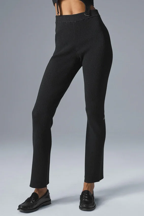 Denimstickade High-Waist-byxor med utsvängda ben – svart/antracit