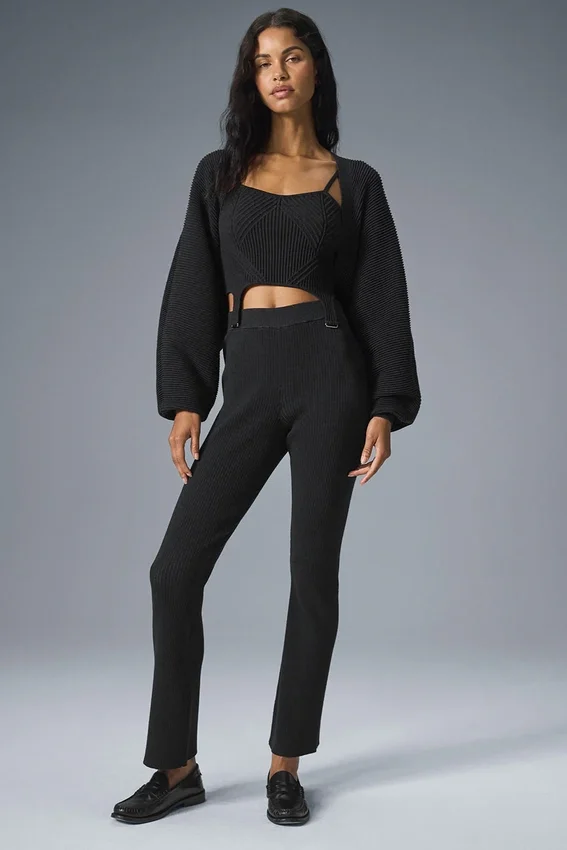 Denimstickade High-Waist-byxor med utsvängda ben – svart/antracit