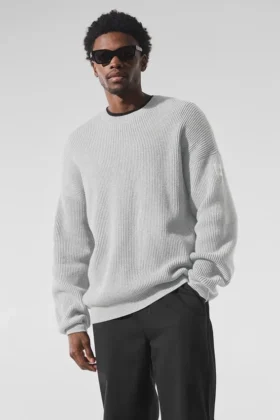 Domain ribbstickad tröja med rund hals – Athletic Heather Grey
