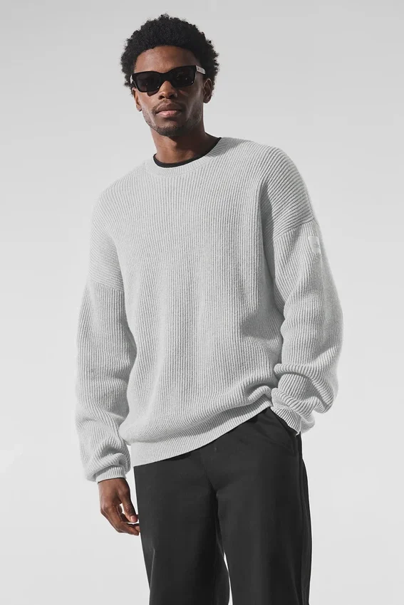 Domain ribbstickad tröja med rund hals – Athletic Heather Grey