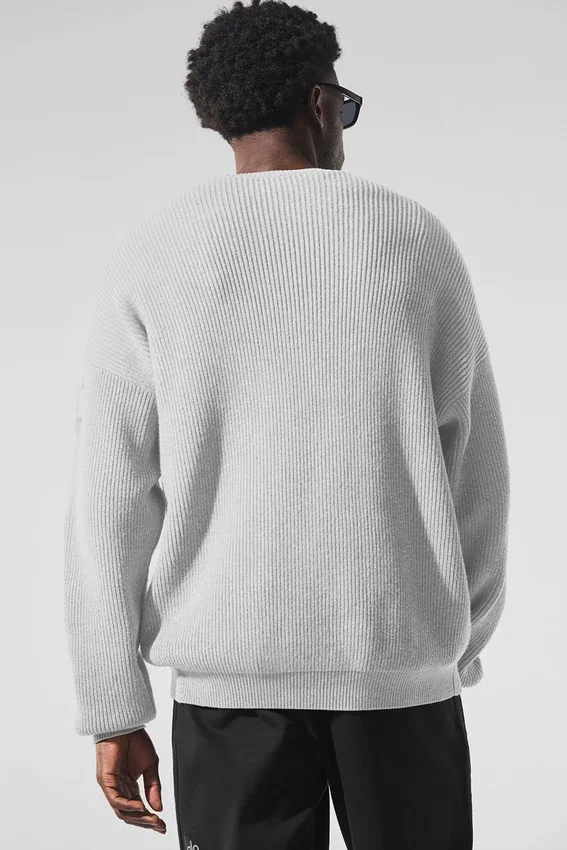 Domain ribbstickad tröja med rund hals – Athletic Heather Grey