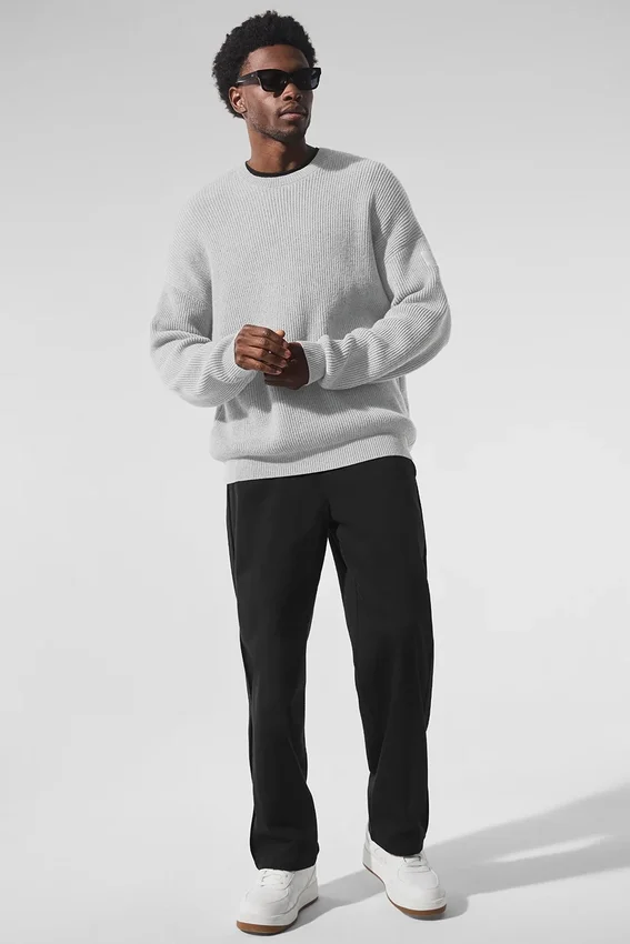 Domain ribbstickad tröja med rund hals – Athletic Heather Grey