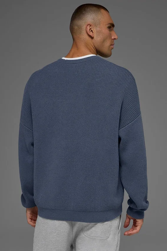 Domain ribbstickad tröja med rund hals – Bluestone