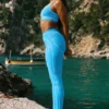 High-Waist Airbrush Legging med hjärtmönster – azurblå/vit