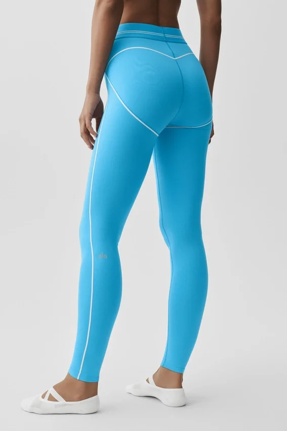 High-Waist Airbrush Legging med hjärtmönster – azurblå/vit