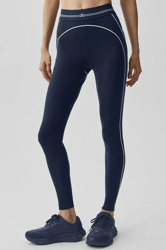 High-Waist Airbrush Leggings med hjärtmönster – marinblå/vit