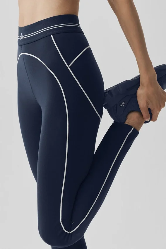 High-Waist Airbrush Leggings med hjärtmönster – marinblå/vit