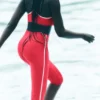 High-Waist Airlift Capri-byxor med kontrastfärg – Candy Red/White