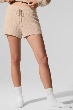High-Waist Kashmirshorts i fluffig våffelstruktur – Macadamia Blush