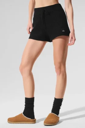 High-Waist Kashmirshorts i fluffig våffelstruktur – svart