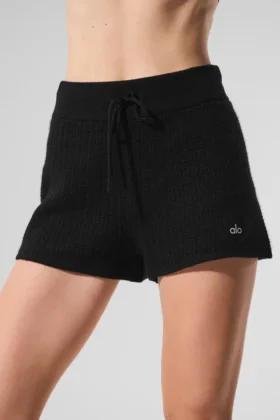 High-Waist Kashmirshorts i fluffig våffelstruktur – svart