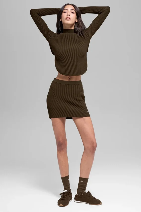 High-Waist kjol i denimstickat – Espresso/svart