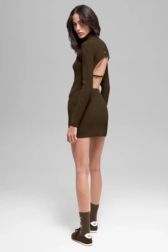 High-Waist kjol i denimstickat – Espresso/svart