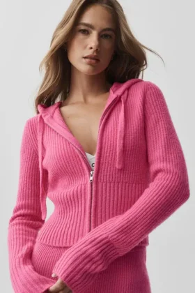Huvtröja i ull och kashmir med ribbade detaljer och hel dragkedja – Paradise Pink