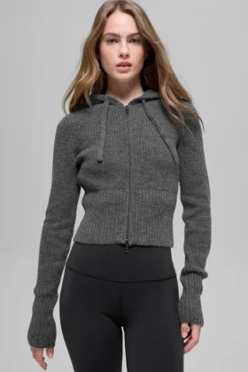 Huvtröja i ull och kashmir med ribbade detaljer och hel dragkedja – Platinum Grey