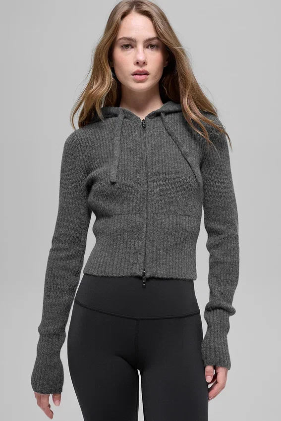 Huvtröja i ull och kashmir med ribbade detaljer och hel dragkedja – Platinum Grey