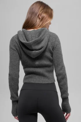 Huvtröja i ull och kashmir med ribbade detaljer och hel dragkedja – Platinum Grey