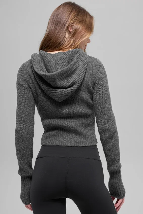 Huvtröja i ull och kashmir med ribbade detaljer och hel dragkedja – Platinum Grey