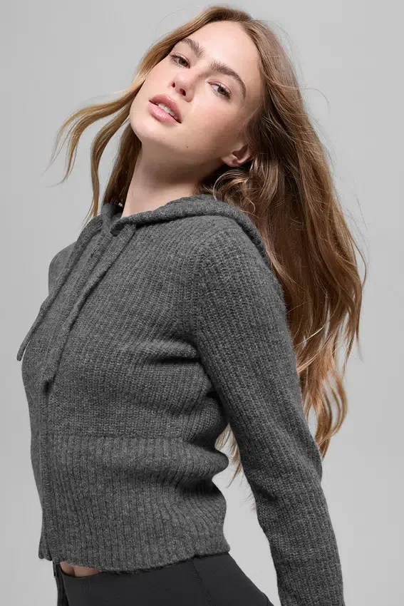 Huvtröja i ull och kashmir med ribbade detaljer och hel dragkedja – Platinum Grey