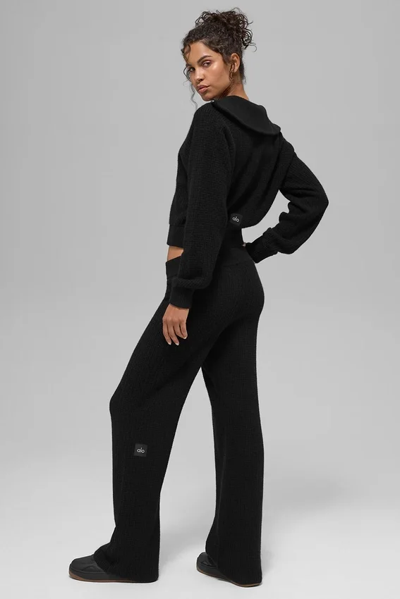 Kashmir-High-Waist-byxor i fluffig våffelstickning – Svart