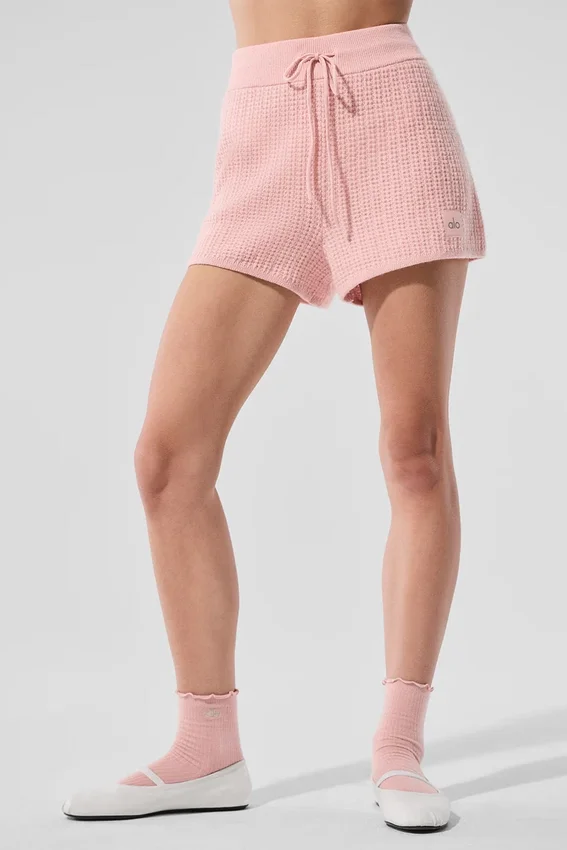 Kashmirshorts med High-Waist-design i mjuk våffelstruktur – Pink Quartz