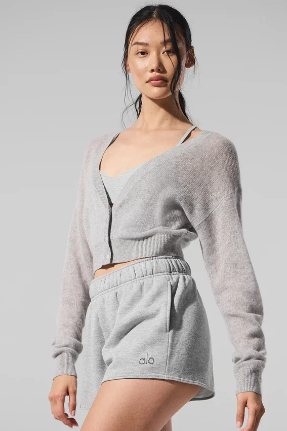 Kort kofta i genomskinlig kashmir – Athletic Heather Grey