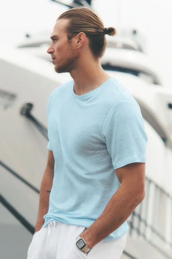 Kortärmad T-shirt i linnejersey i kuststil – Seaside Blue