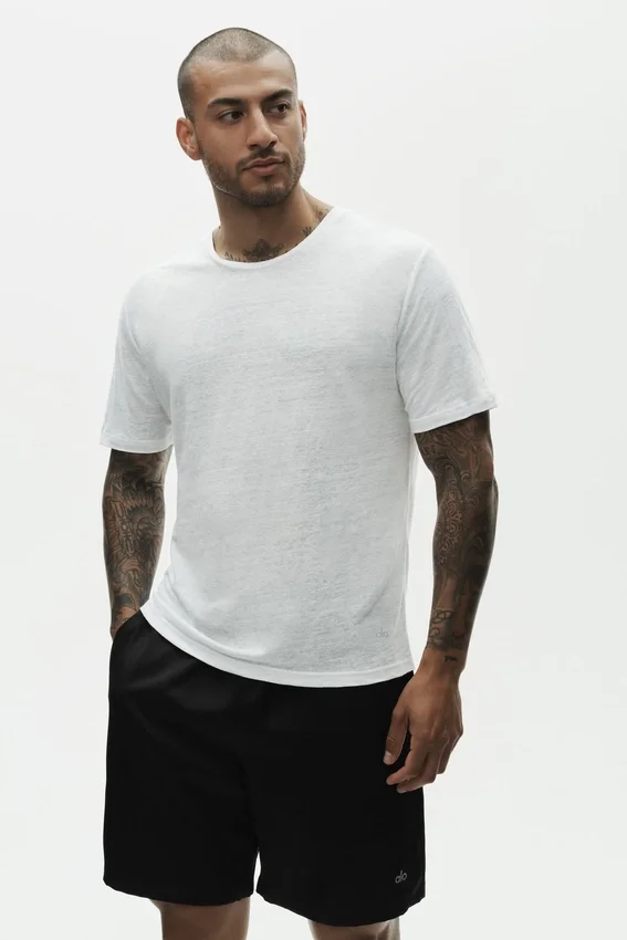 Linnejersey-T-shirt med kortärmat design i Coastal-stil – Vit