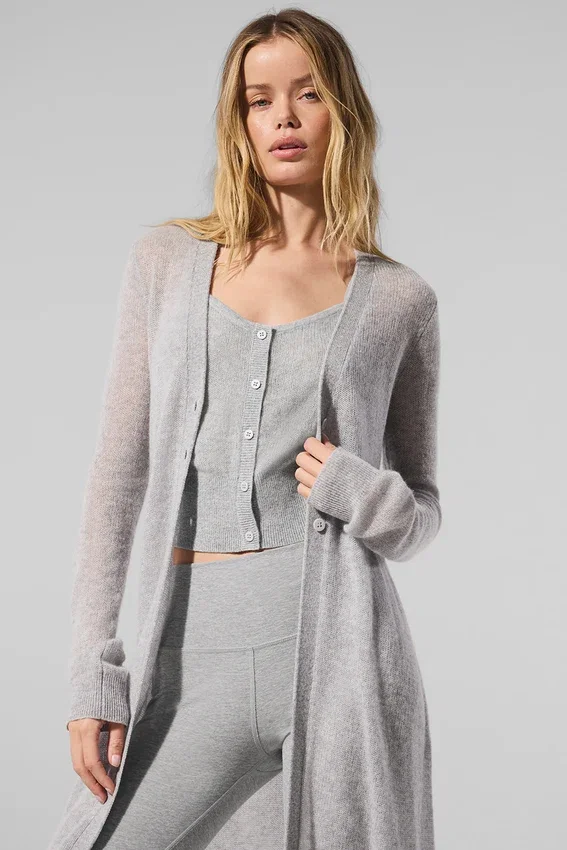 Lång kofta i genomskinlig kashmir – Athletic Heather Grey