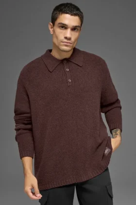 Långärmad polotröja i texturerat stickat – Brownstone