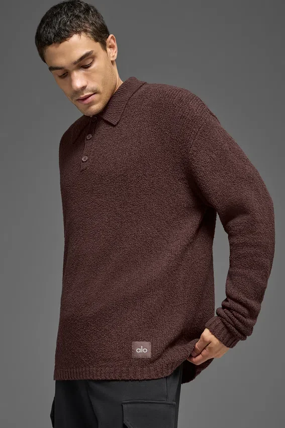 Långärmad polotröja i texturerat stickat – Brownstone