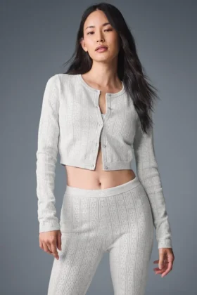 Pointelle-stickat T-shirt Be Mine Cardigan – ljusgrå melerad