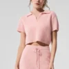 Polo-T-shirt i mjuk kashmir med våffelmönster – rosa kvarts
