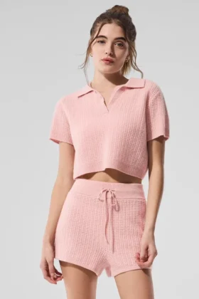 Polo-T-shirt i mjuk kashmir med våffelmönster – rosa kvarts