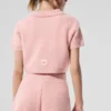 Polo-T-shirt i mjuk kashmir med våffelmönster – rosa kvarts