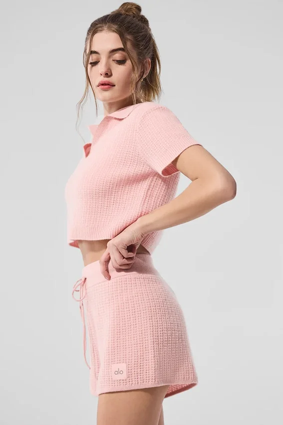 Polo-T-shirt i mjuk kashmir med våffelmönster – rosa kvarts