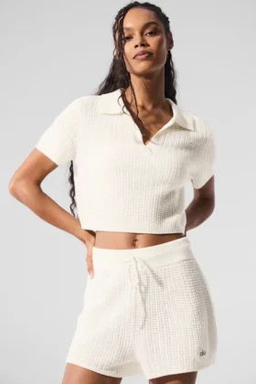 Polo-T-shirt i mjuk kashmir med vågmönster – Ivory