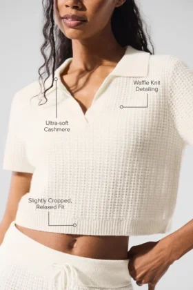 Polo-T-shirt i mjuk kashmir med vågmönster – Ivory