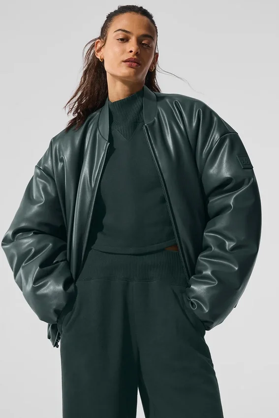 Premier-bomberjacka i konstläder – Charcoal Green