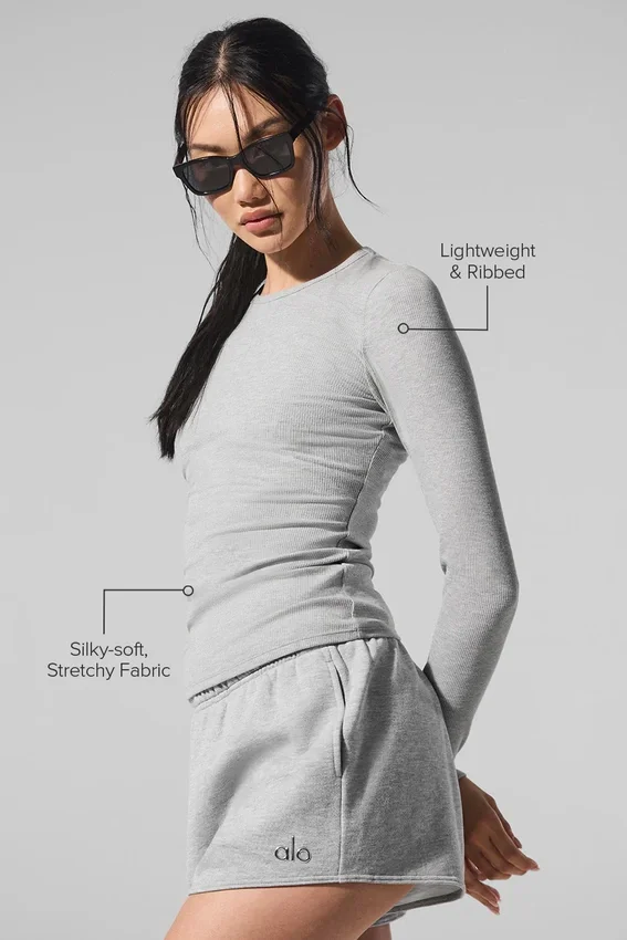 Ribbad långärmad tröja i modal – Athletic Heather Grey