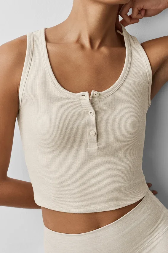 Ribbad modal-henley-tank – Oatmeal Heather