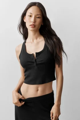 Ribbad modal-henley-tank – svart