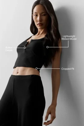 Ribbad modal-henley-tank – svart