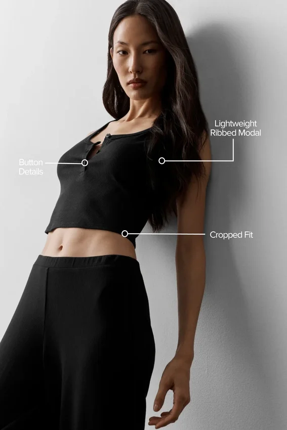 Ribbad modal-henley-tank – svart