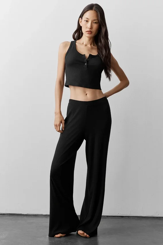 Ribbad modal-henley-tank – svart